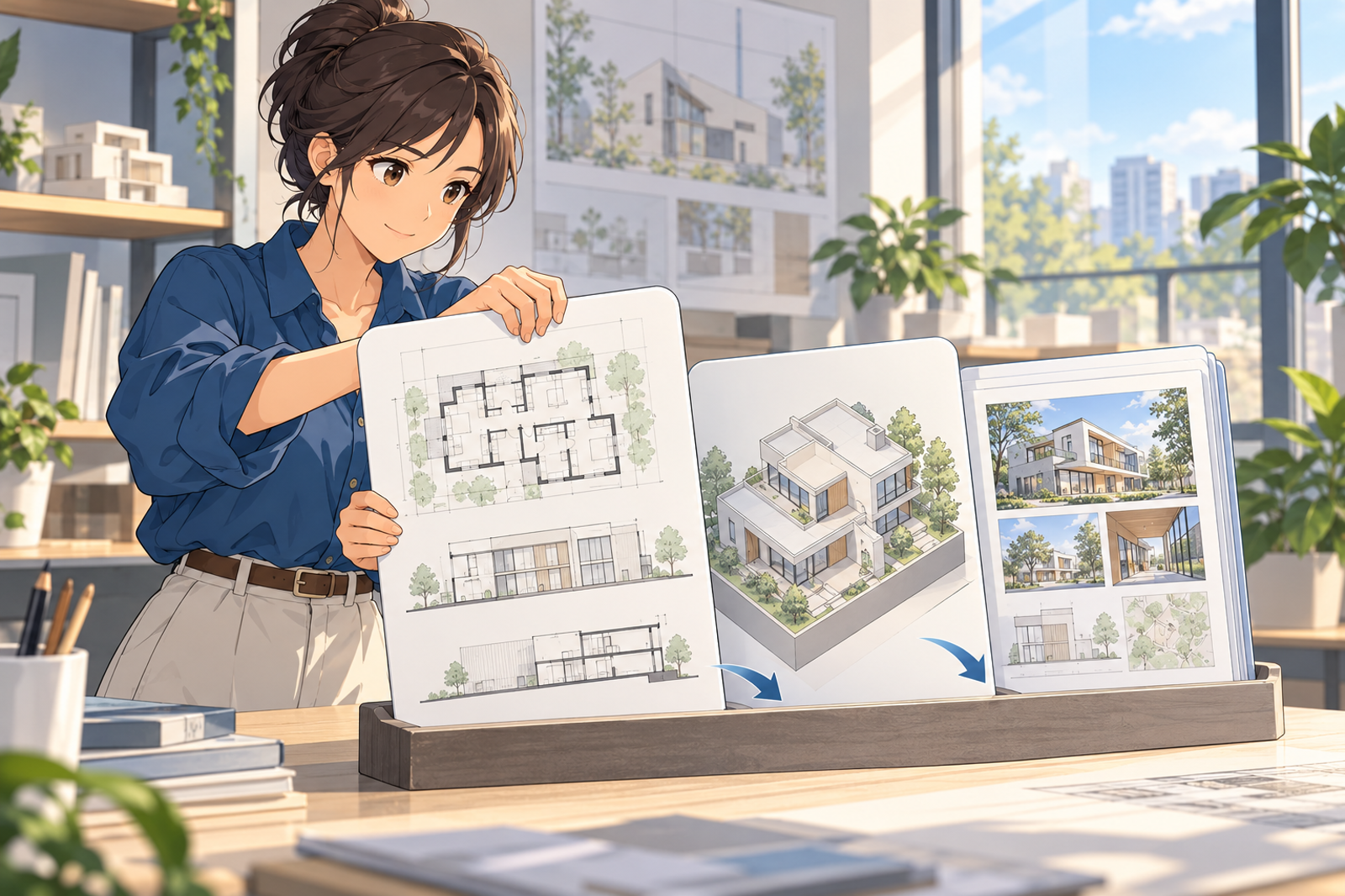 図面・3Dモデル・PDFのファイルのカードを順に取り出している人の挿絵