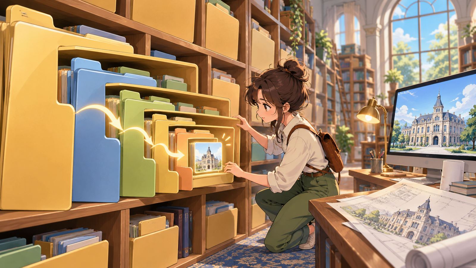 フォルダの中にフォルダが入った棚をたどって、目当てのファイルを探している人の挿絵