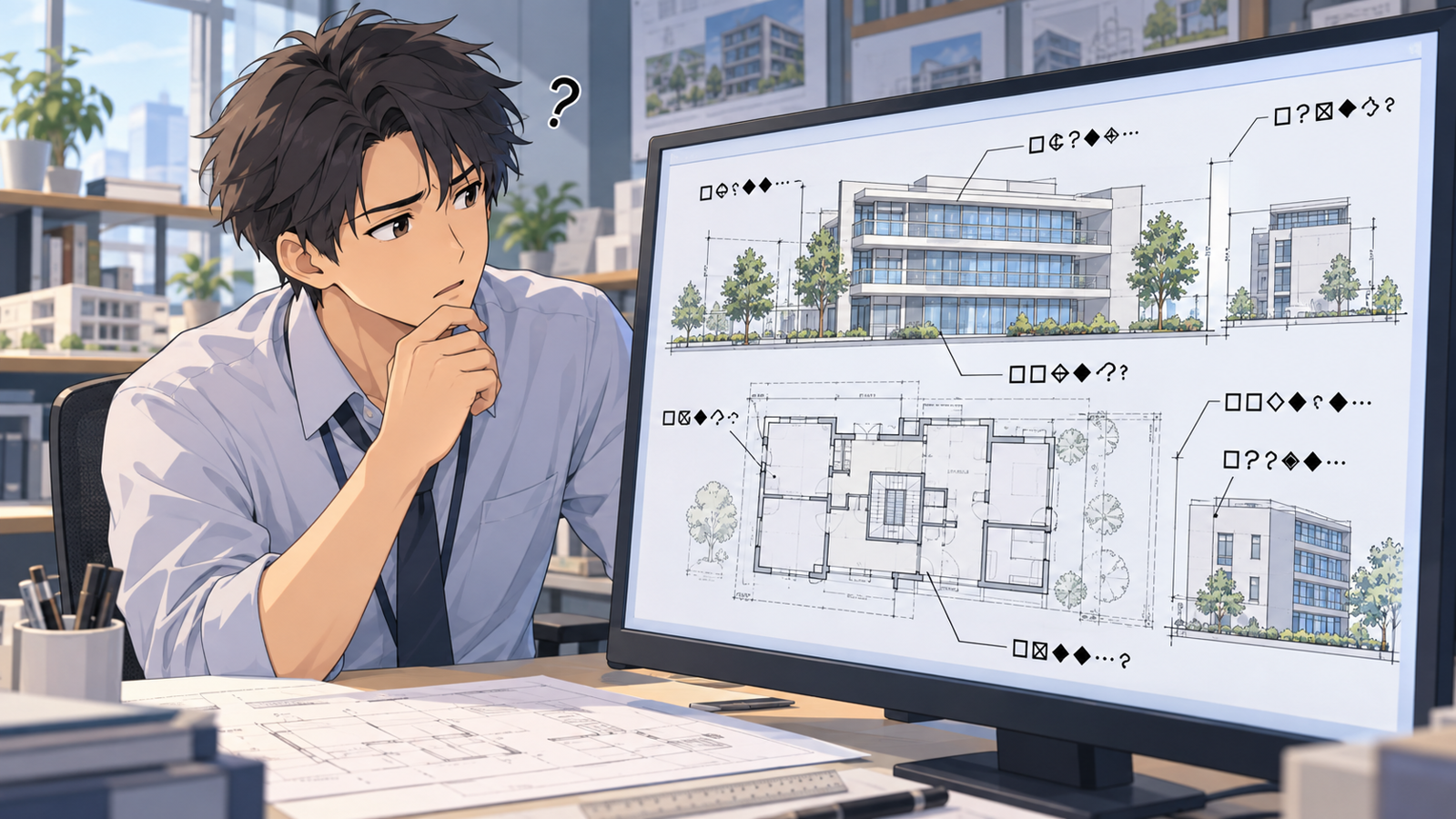 画面に並んだ読めない記号を見て、首をかしげている人の挿絵