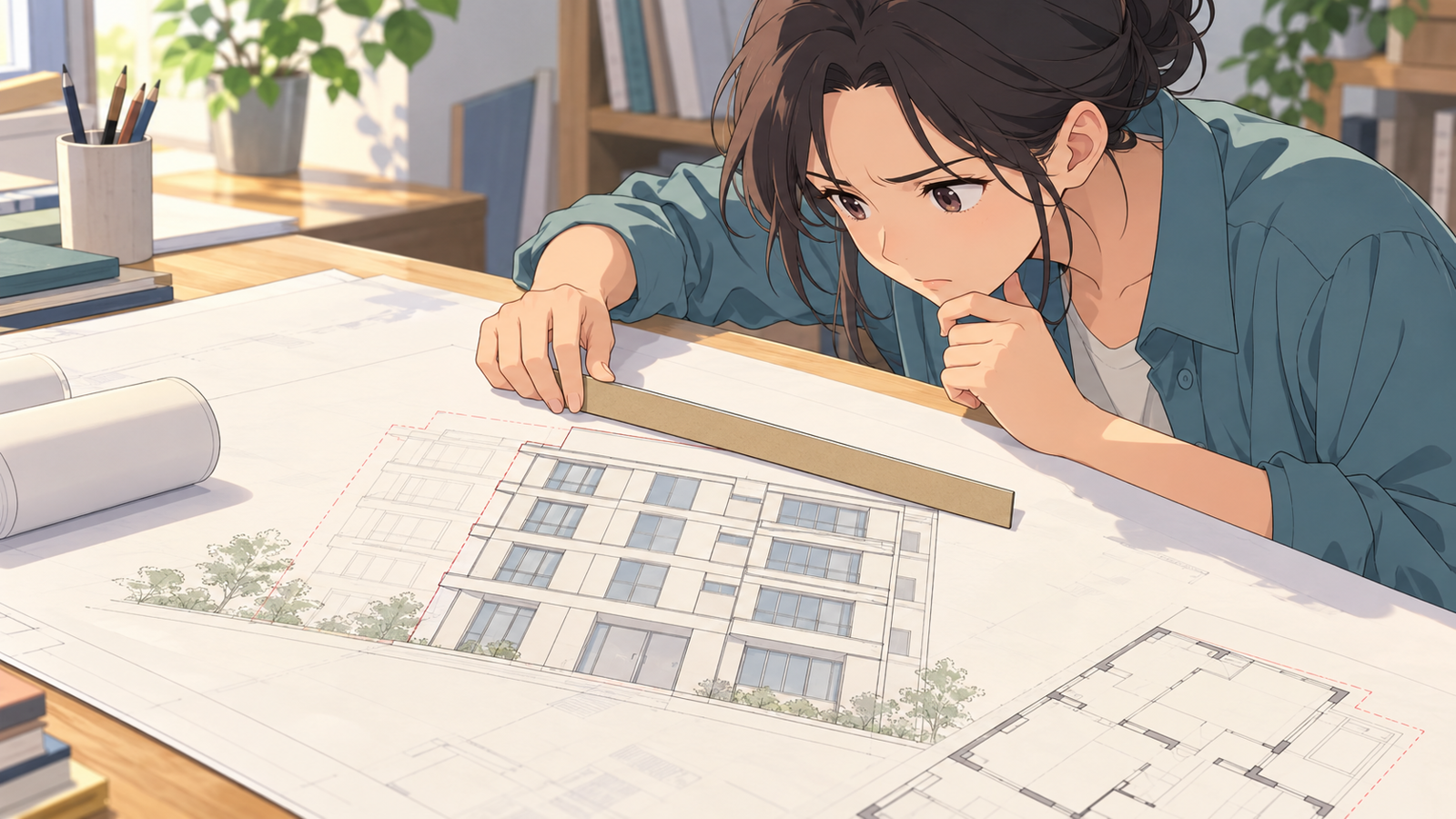 図面に定規を当てて、大きさが合っているかを確かめている人の挿絵