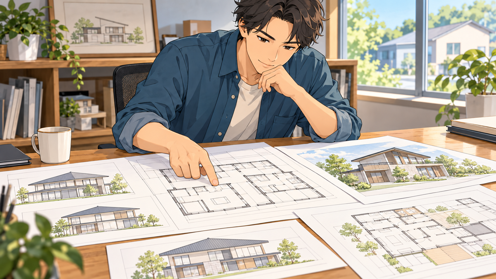 受け取った図面を開いて、1つずつ指さしで確かめている人の挿絵