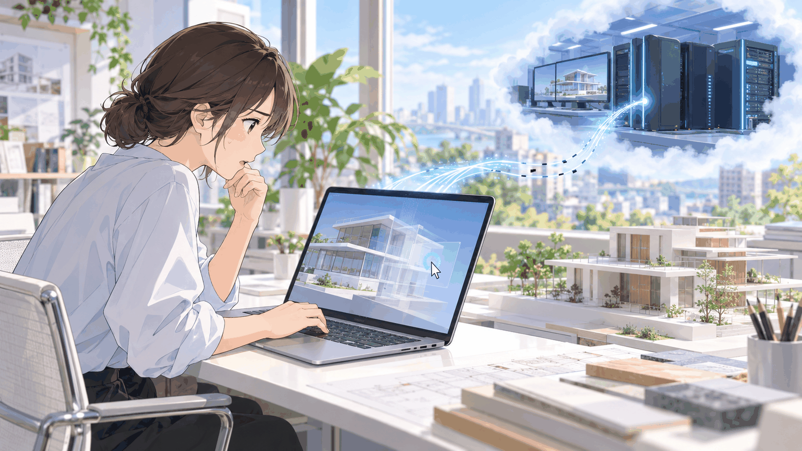 遠くのコンピューターから届く画面を、手元のノートパソコンで操作しながら気にしている人の挿絵