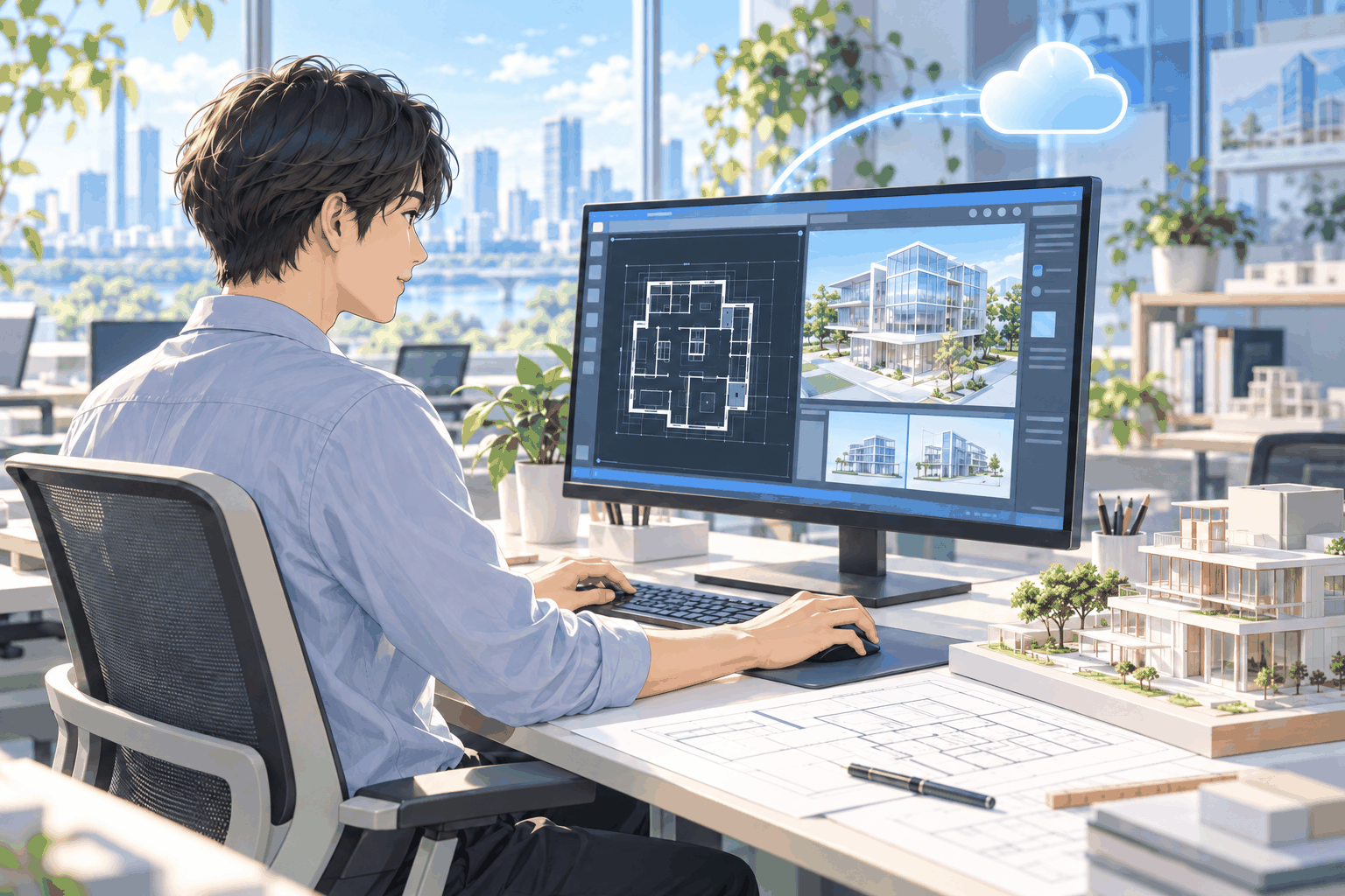 会社の机で、遠くのパソコンの画面を開いて図面と建物の絵を見ている人の挿絵