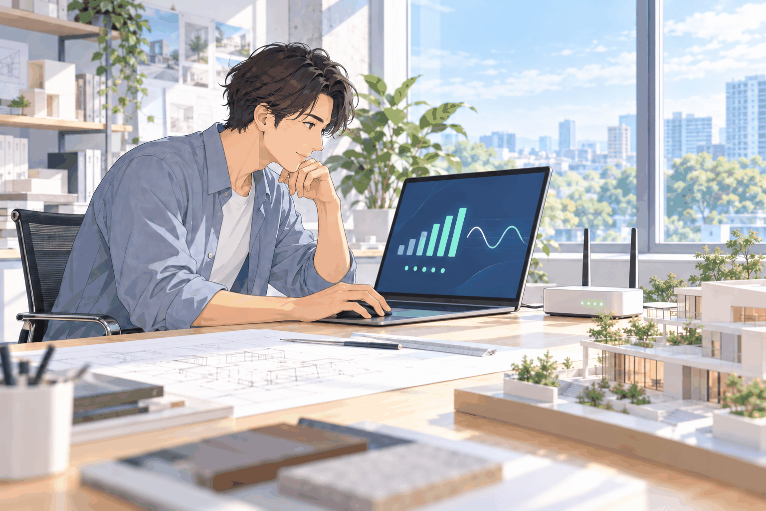 机のルーターのそばで、ノートパソコンに出た回線の具合を見ている人の挿絵