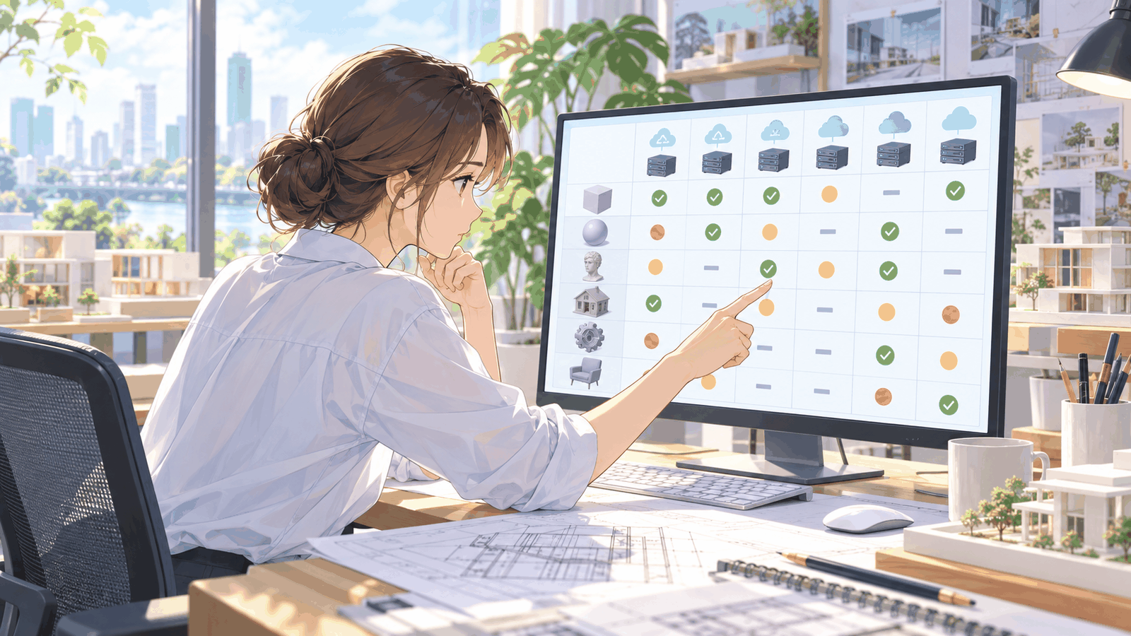 画面の対応表の中で、使うソフトの行を指さしている人の挿絵
