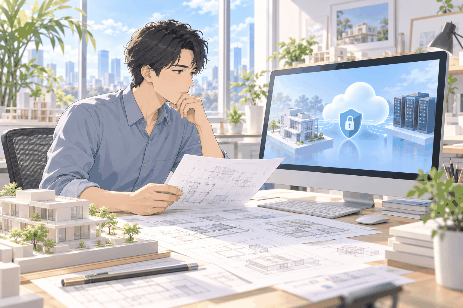 案件の図面を手に、データを外のサーバーに預けてよいかを考えている人の挿絵