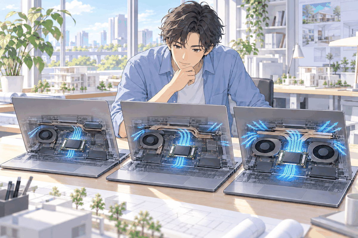 中の見える3台のノートパソコンが並び、冷やす部品の大きさが機種ごとに違う様子を見ている人の挿絵