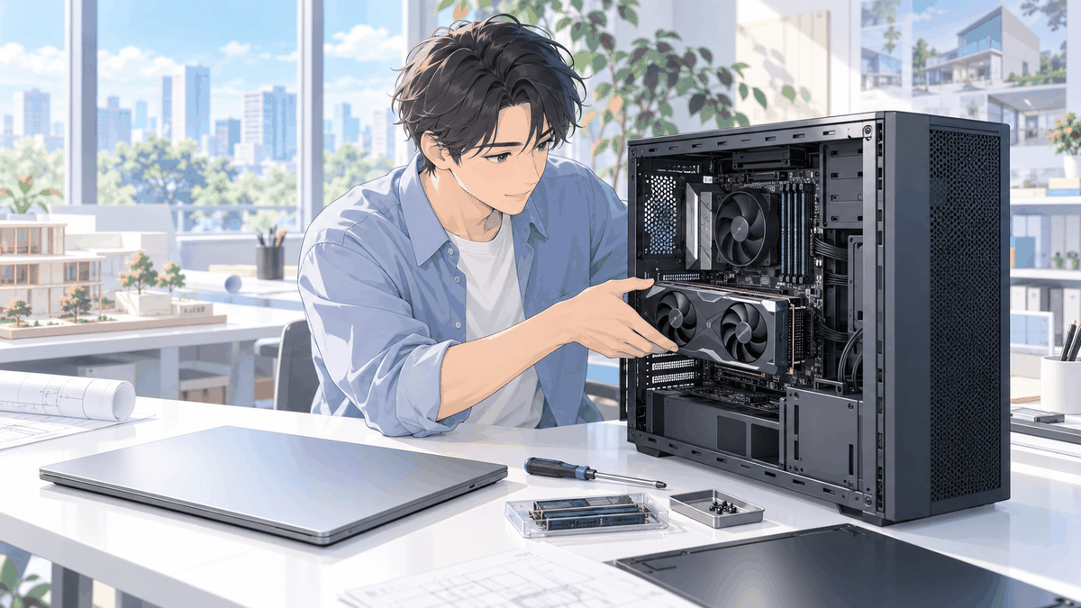 デスクトップにグラフィックボードを差している人と、閉じたノートパソコンの挿絵