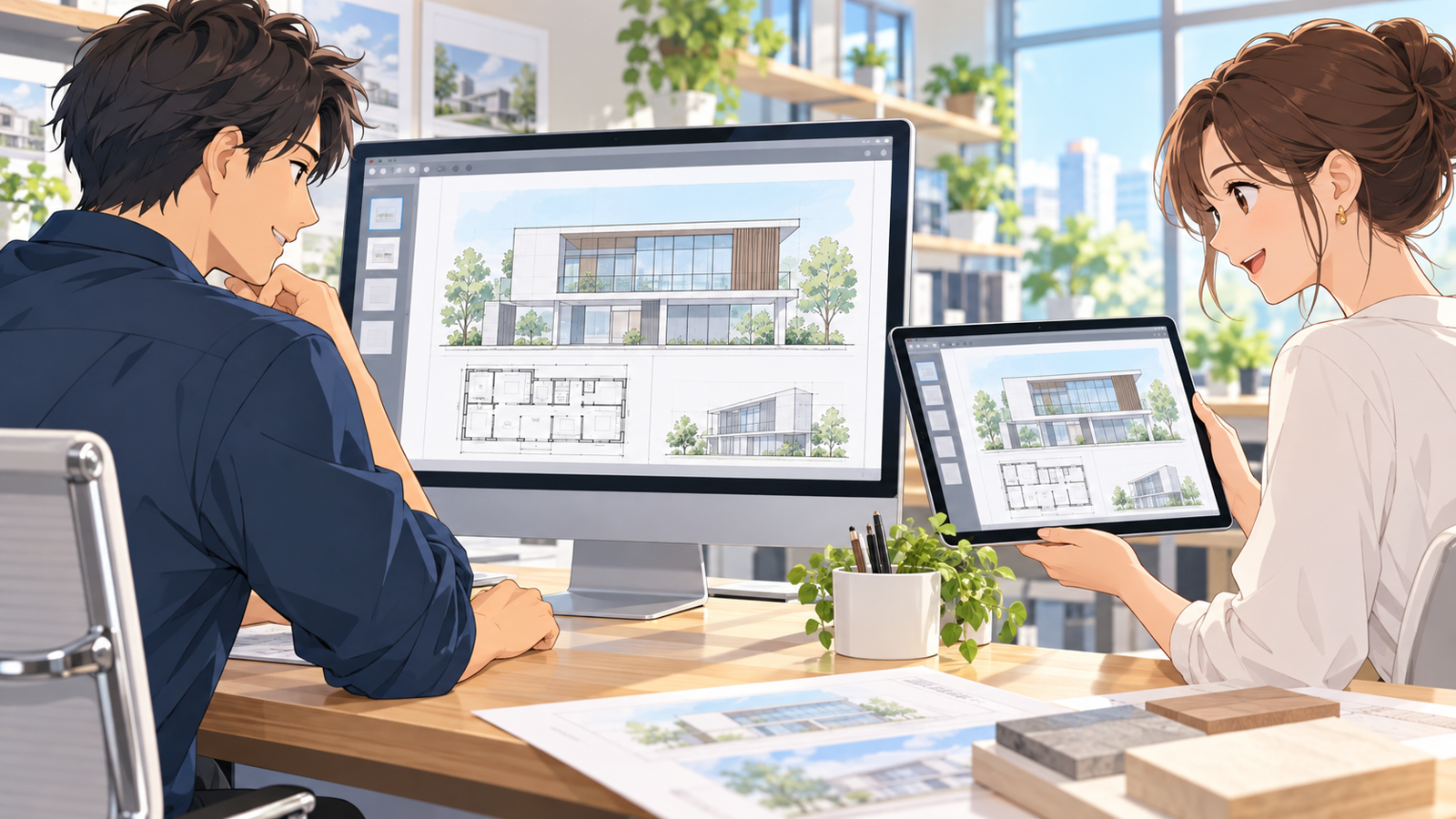 同じ図面のPDFを、パソコンとタブレットで同じように見ている人の挿絵