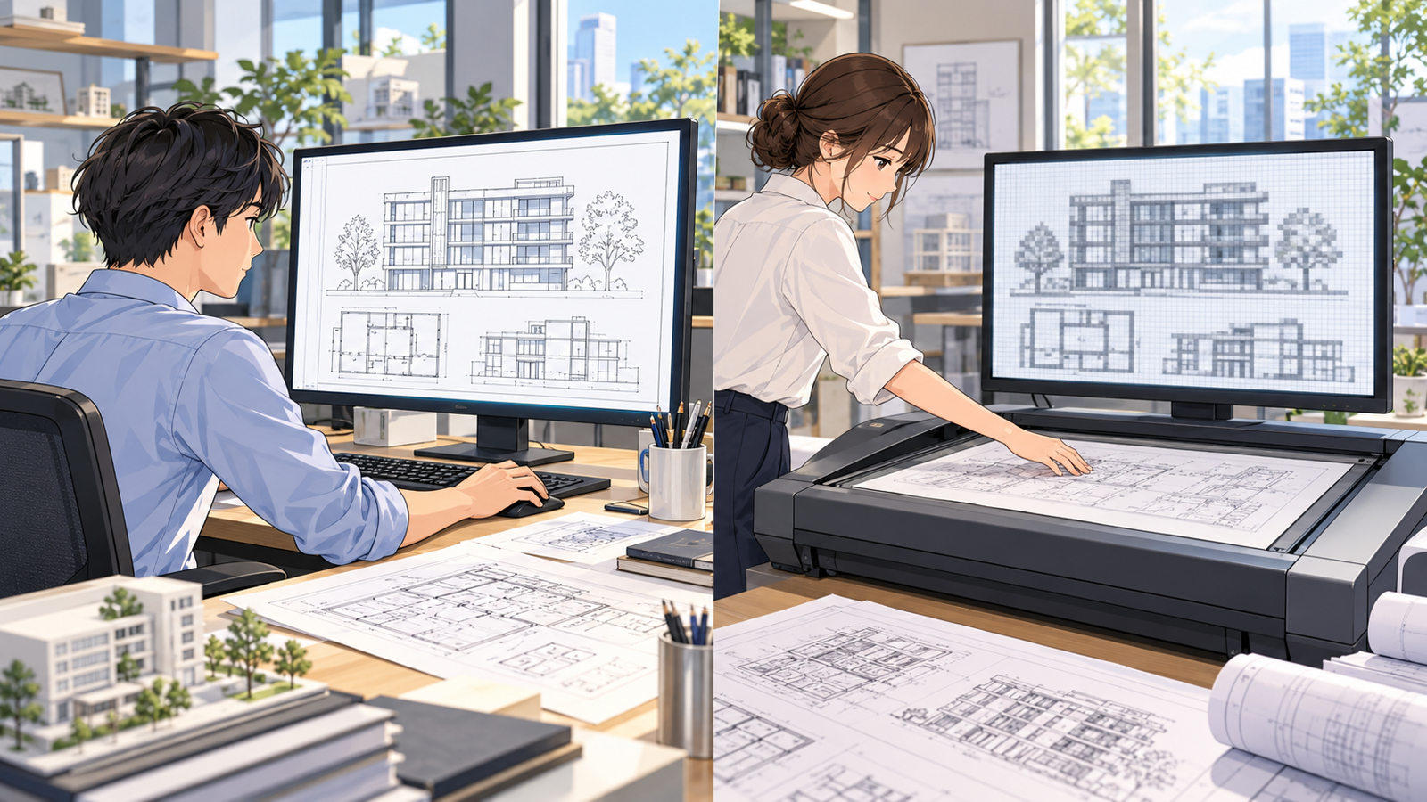 CADからPDFを書き出す人と、紙の図面をスキャナーで読み込む人を並べた挿絵