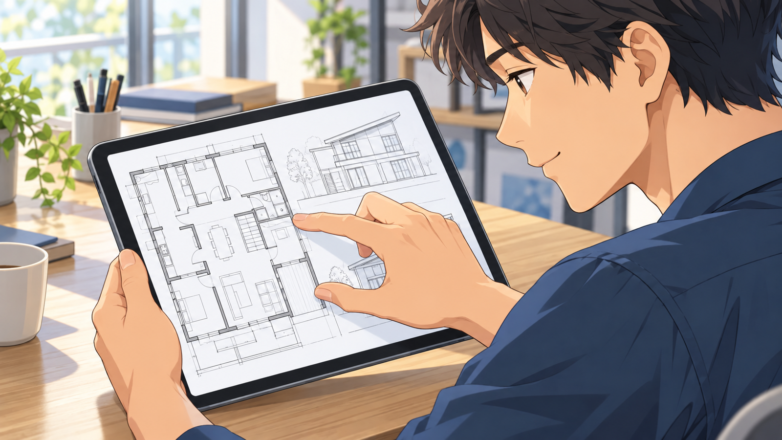 タブレットに出した図面のPDFを、指で大きく広げて見ている人の挿絵