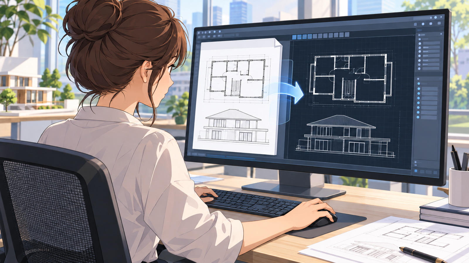 PDFの図面をCADの画面に読み込んでいる人の挿絵