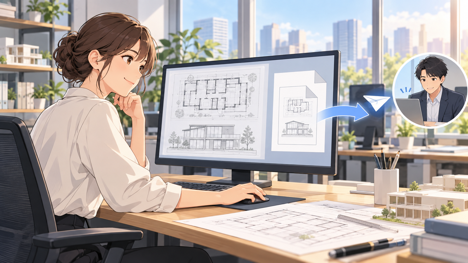 CADから書き出したPDFを、相手に送ろうとしている人の挿絵