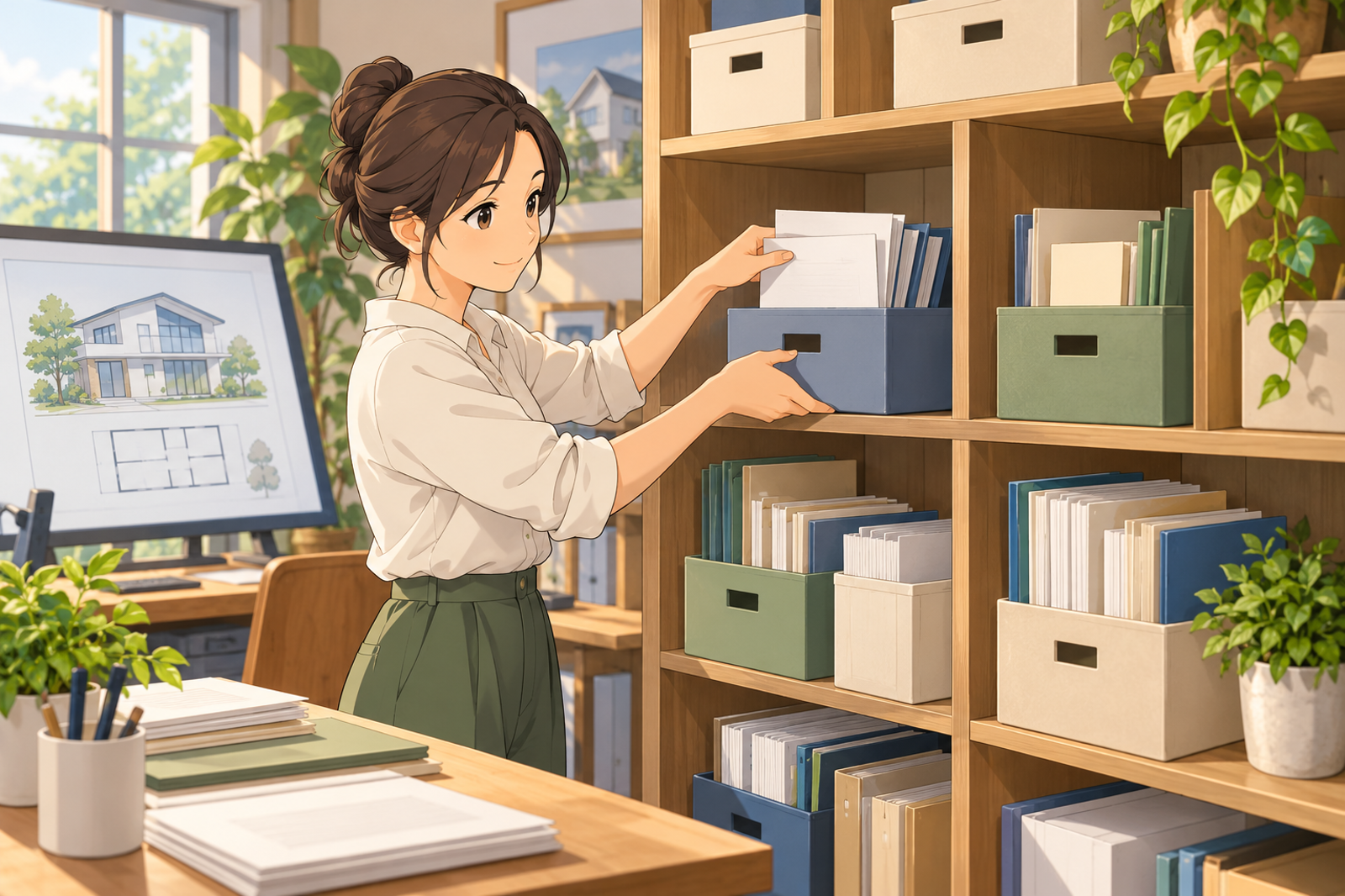 棚の中に小さな箱を入れて、書類を分けて整理している人の挿絵