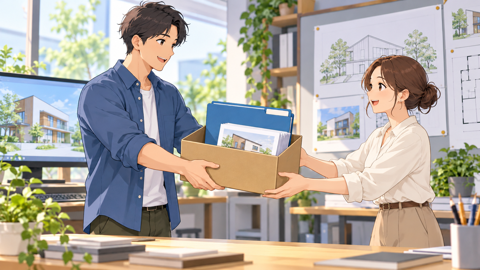 フォルダをまるごと箱に入れて、相手に渡している人の挿絵