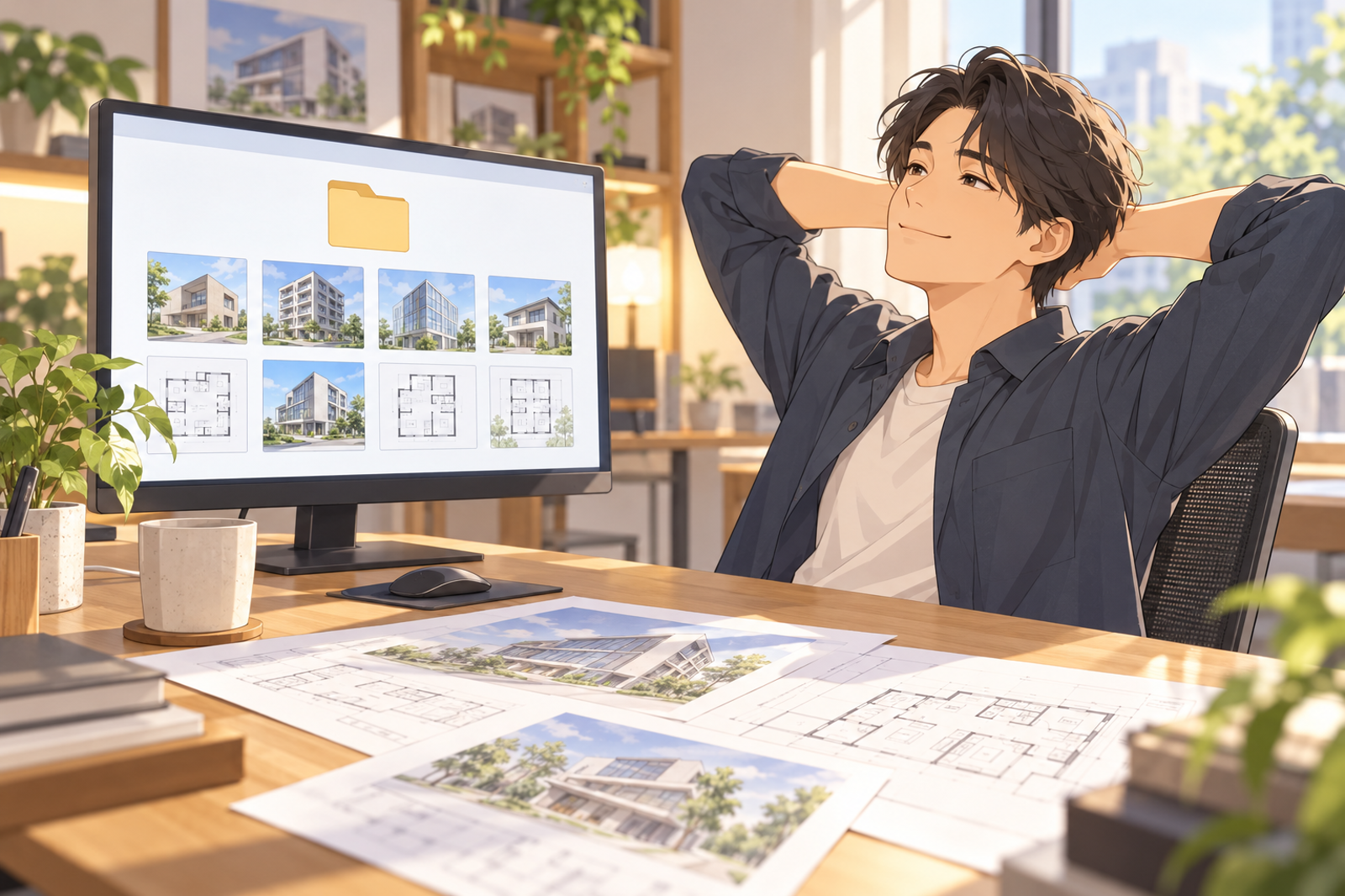 画像と図面のファイルを1つのフォルダに入れ終えて、満足そうにしている人の挿絵