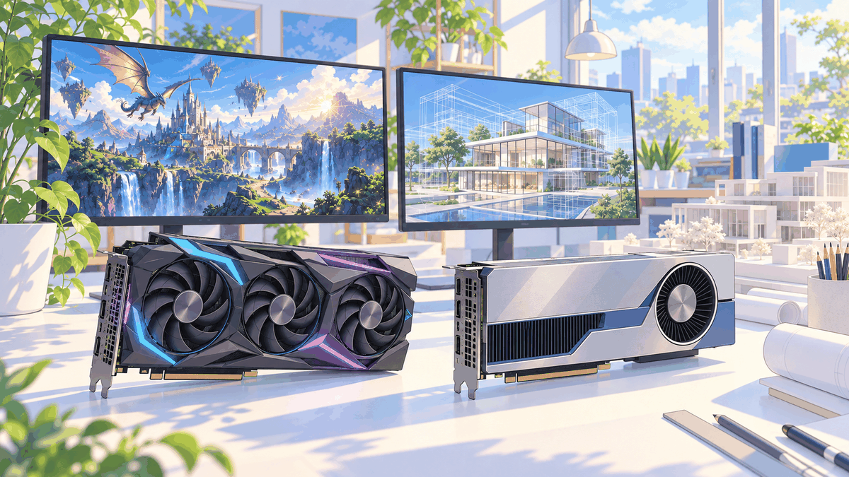ゲームの画面の前の派手なグラフィックボードと、建物の3Dの画面の前の落ち着いたグラフィックボードが並んだ挿絵