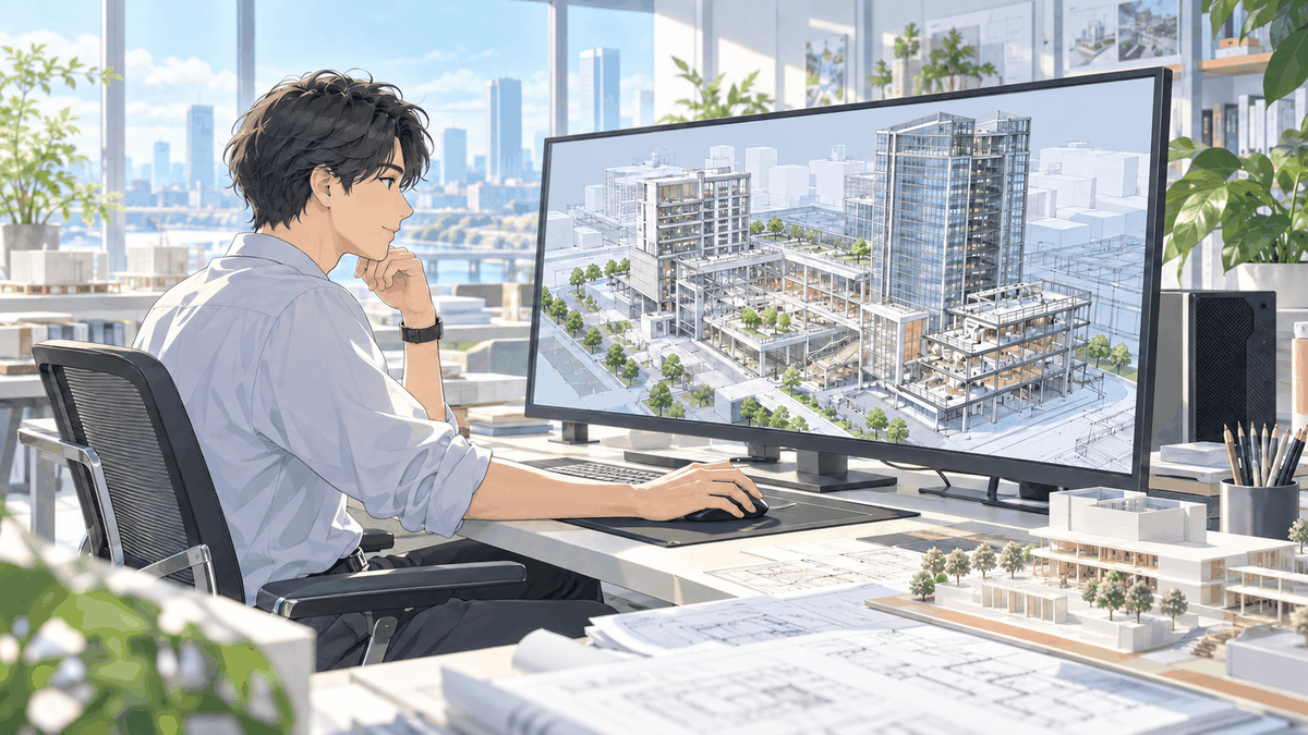 大きな建物の3Dデータを、大きな画面で開いている人の挿絵