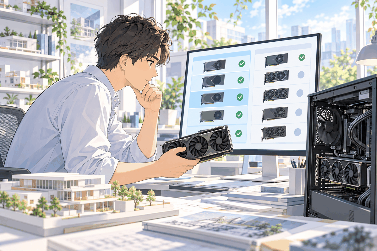 印の付いたグラフィックボードの一覧と、手に持ったグラフィックボードを見比べている人の挿絵