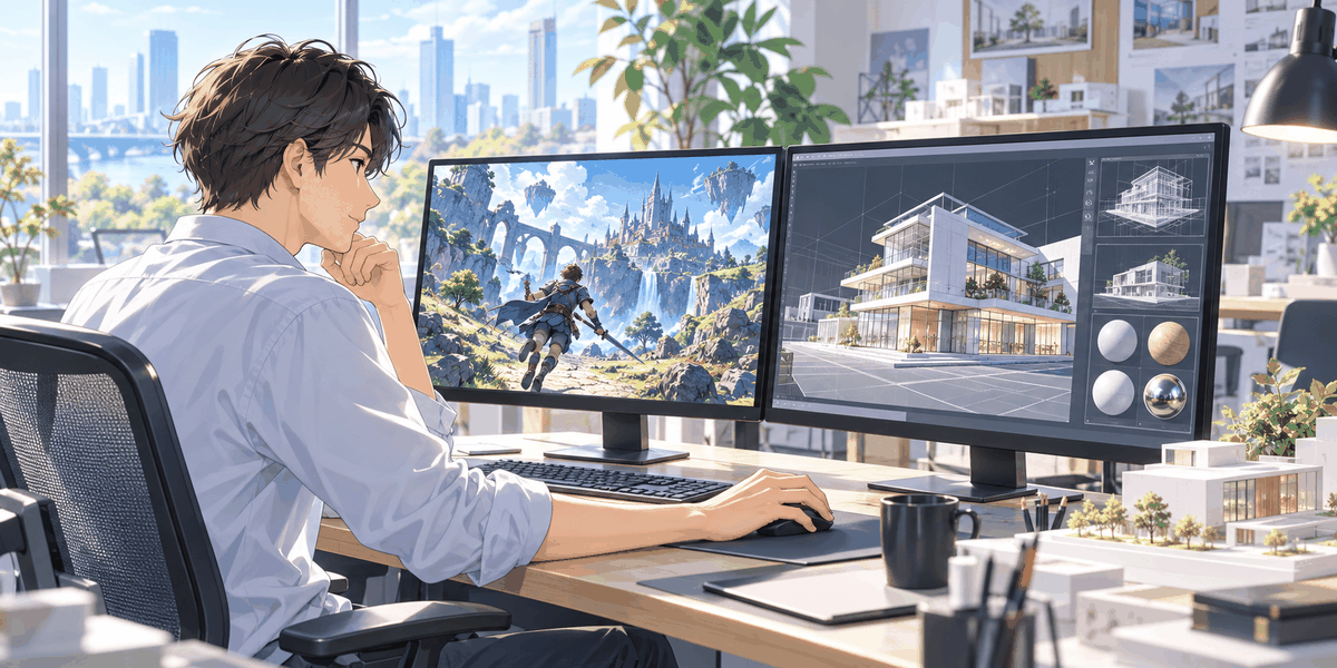 ゲームの画面と、建物の3Dモデルの画面を並べて見ている人の挿絵