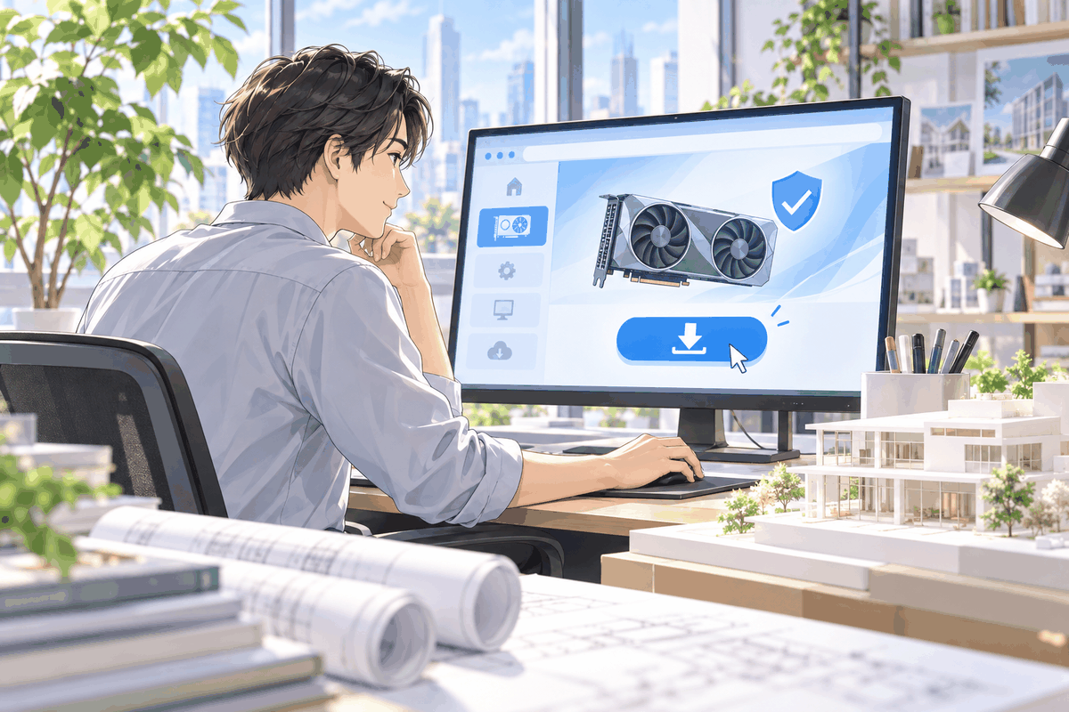 GPUのメーカーの公式のサイトで、ドライバを入れようとしている人の挿絵