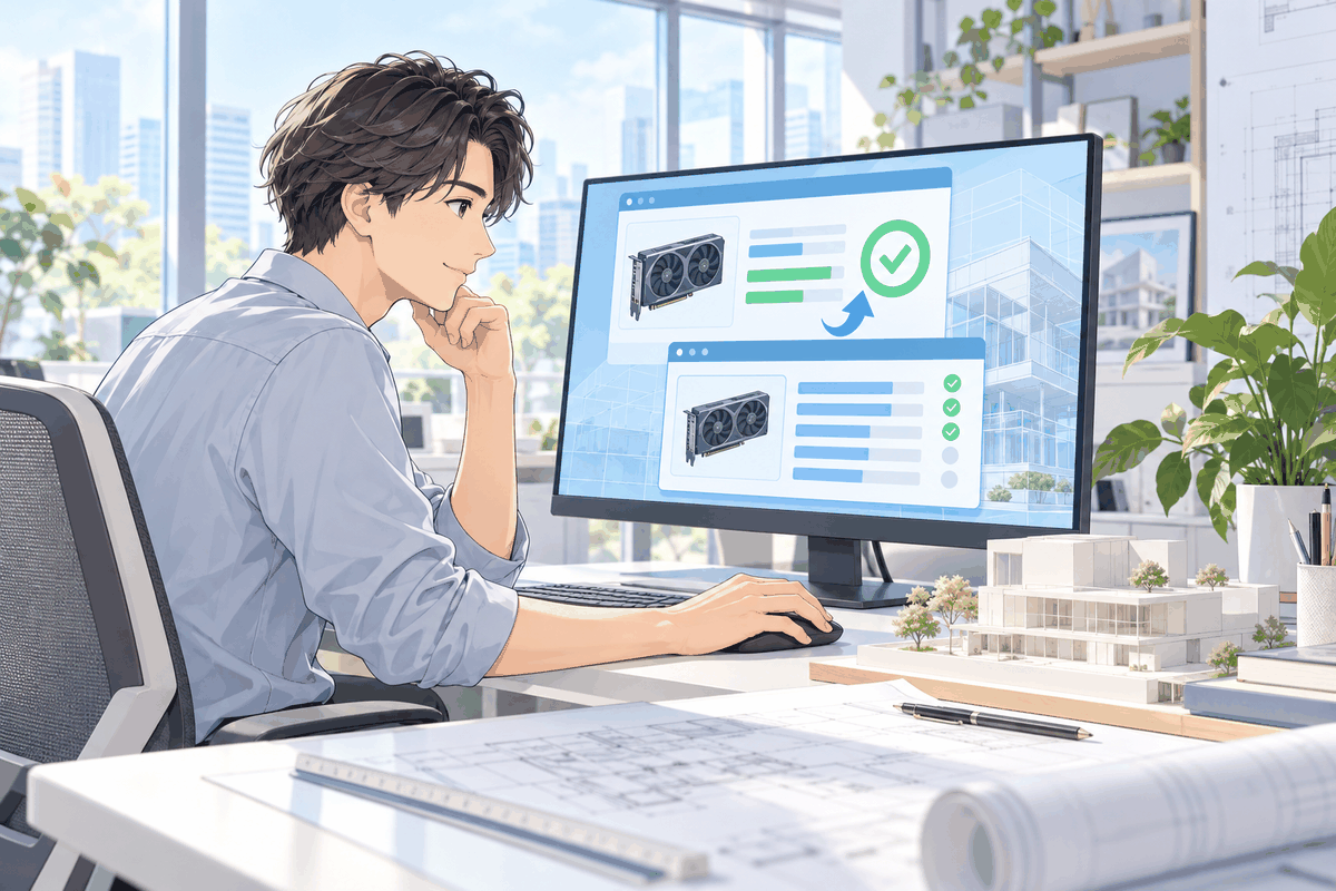 パソコンの画面で、GPUとドライバを確かめている人の挿絵