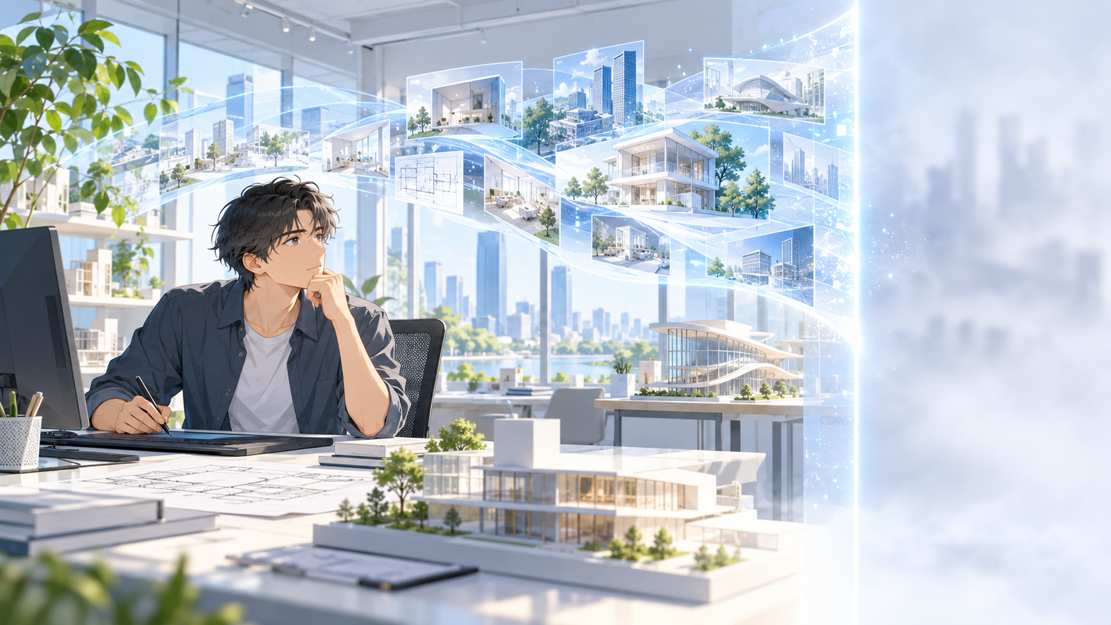 机の上の資料の山が、ある日付の所で途切れている場面