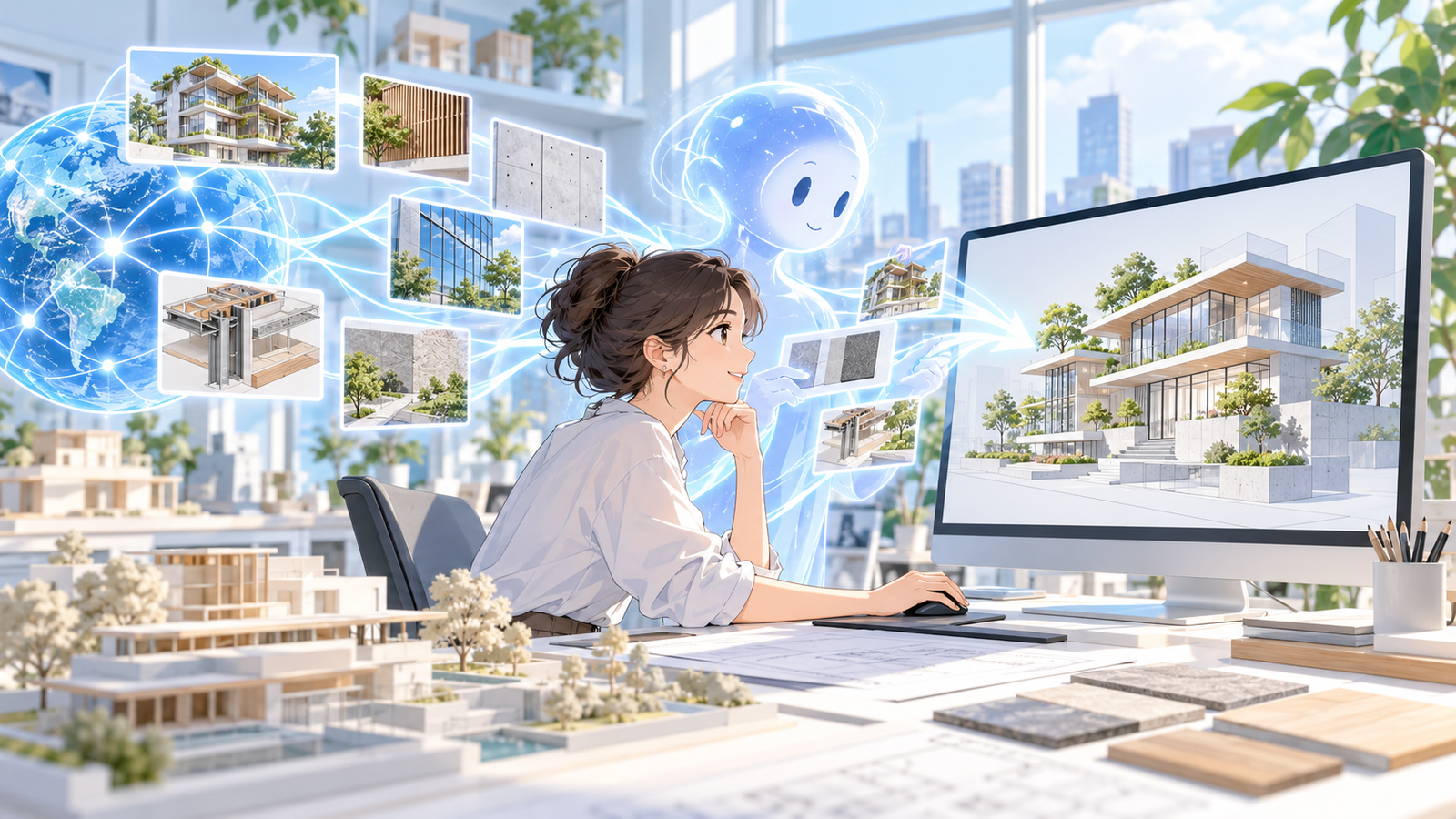 AIが、外の資料棚やインターネットから新しい資料を取ってきて読んでいる場面