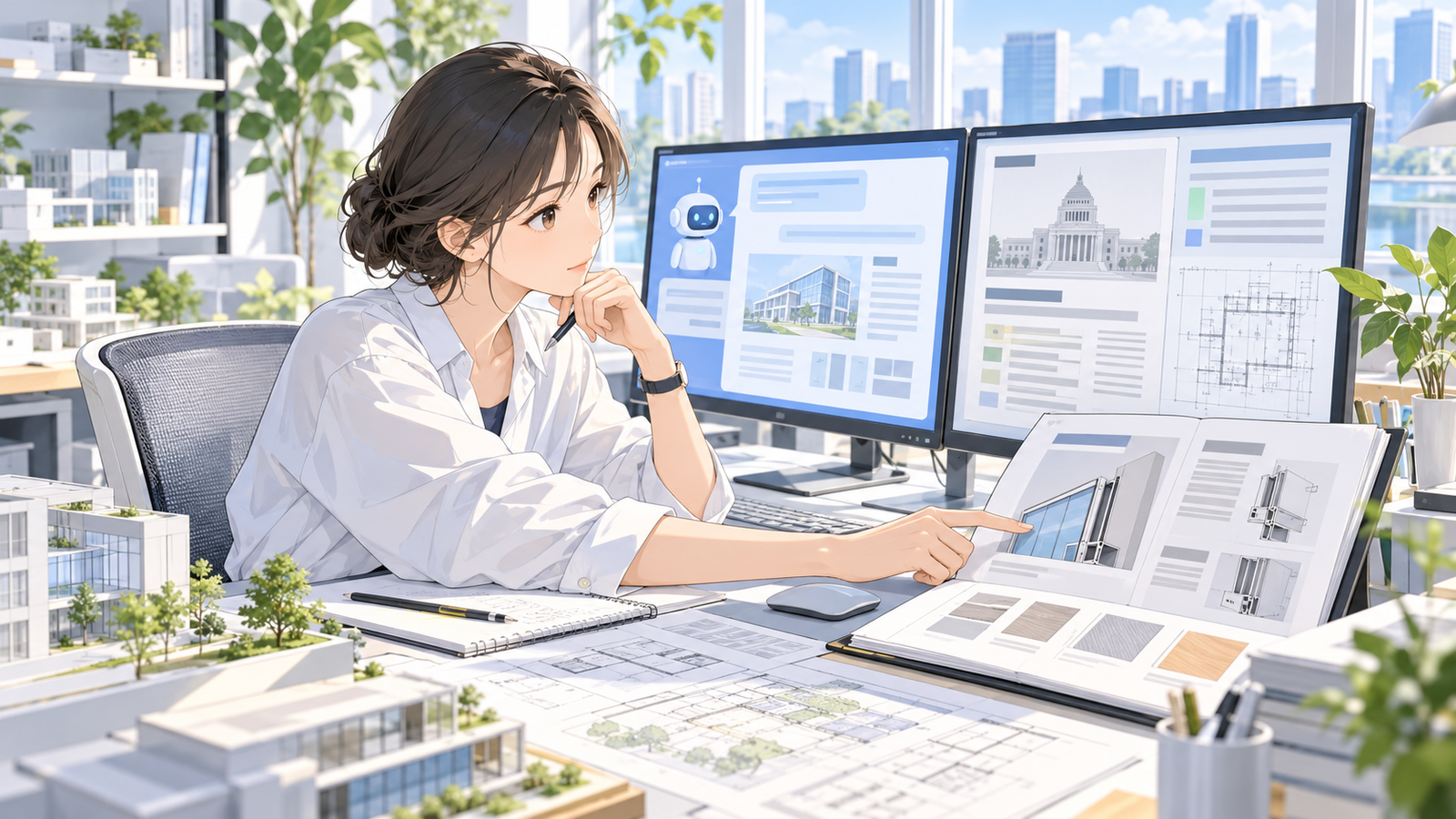 AIの答えと、法令の原文やメーカーのカタログを並べて見比べている場面