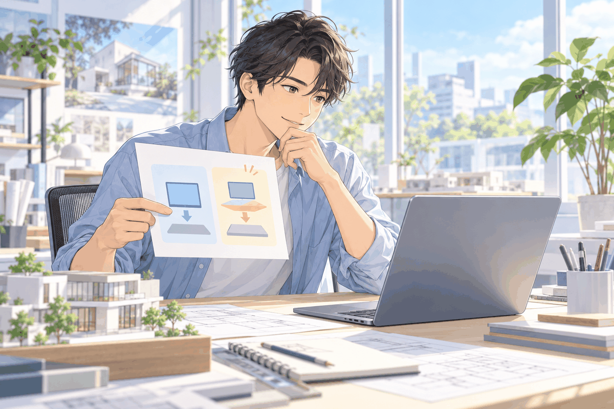 2つの方法を描いた紙を持ち、ノートパソコンの前で考えている人の挿絵