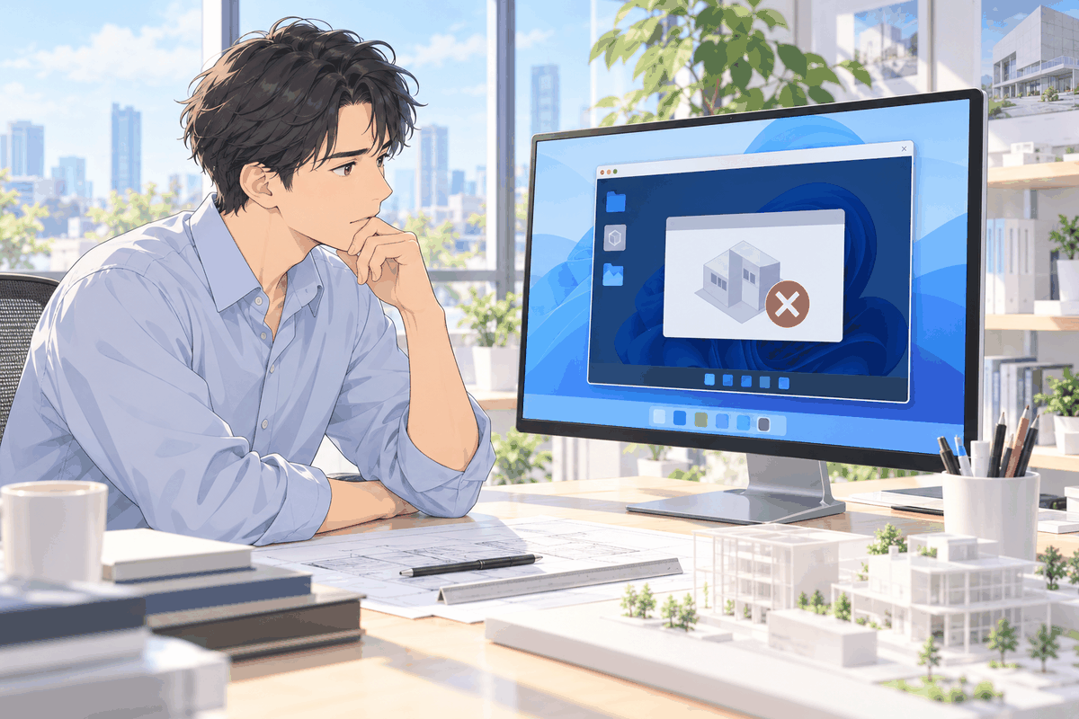 仮想のパソコンの画面に出た、動かない印を見て考えている人の挿絵