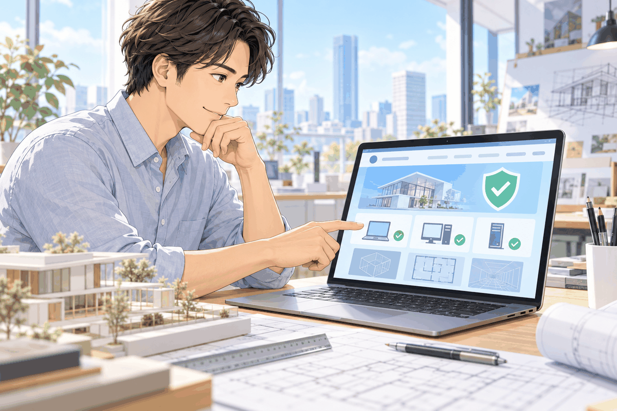 ソフトの公式のサイトを見ながら、対応を調べている人の挿絵