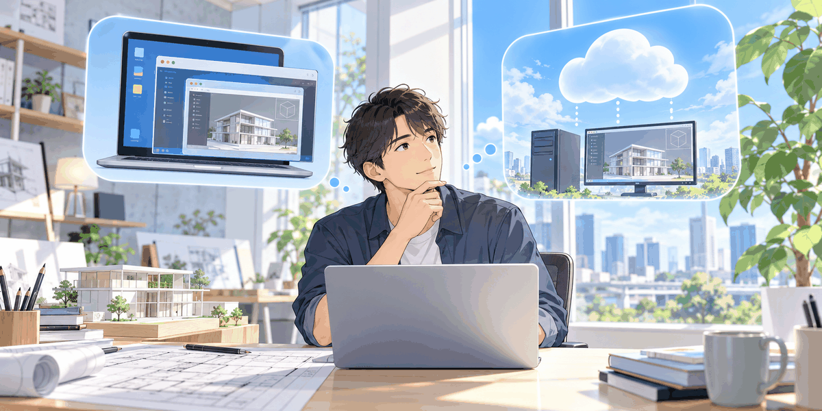 仮想化ソフトとクラウドPCの2つの方法を思い浮かべている人の挿絵