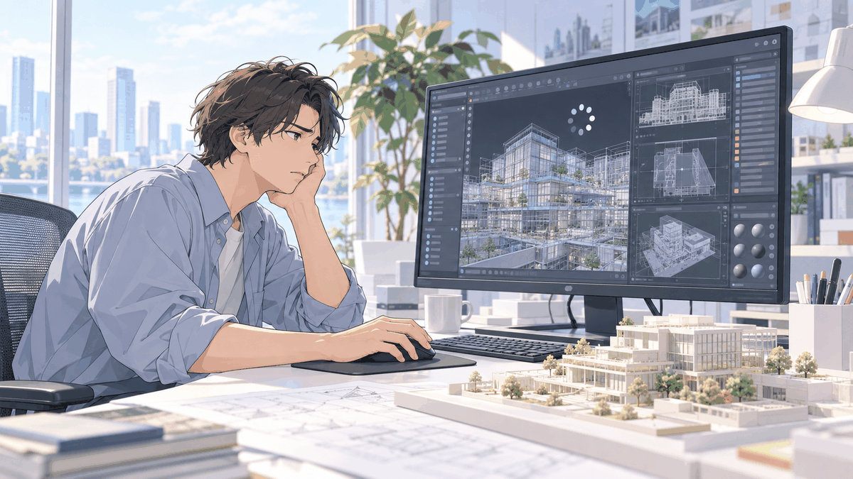 読み込みの印が回る画面の前で、頬づえをついて待っている人の挿絵