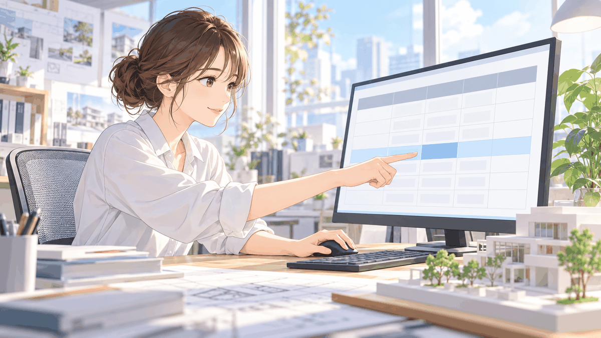 ソフトの動作環境の表の1行を指さして確かめている人の挿絵