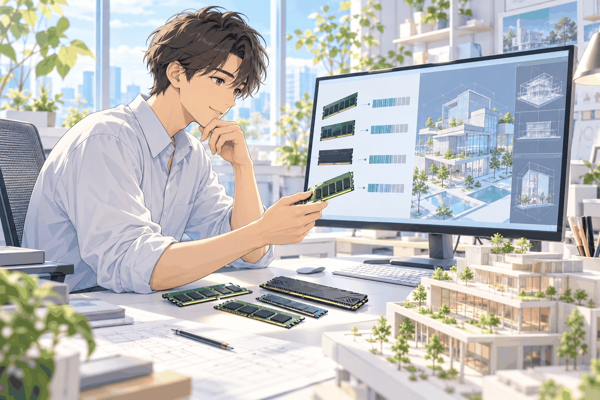メモリの基板を手に取り、画面の一覧と見比べている人の挿絵