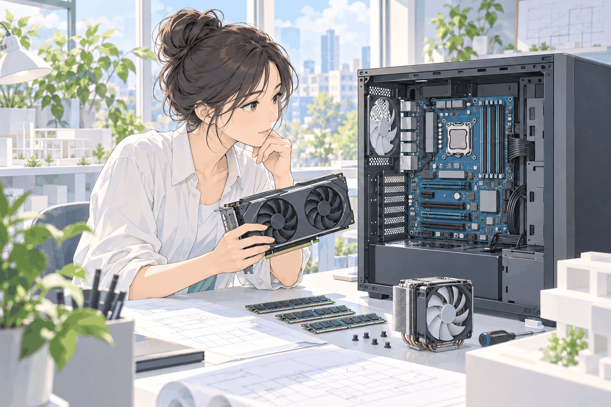 パソコンの中のマザーボードを見ながら、足す部品を考えている人の挿絵