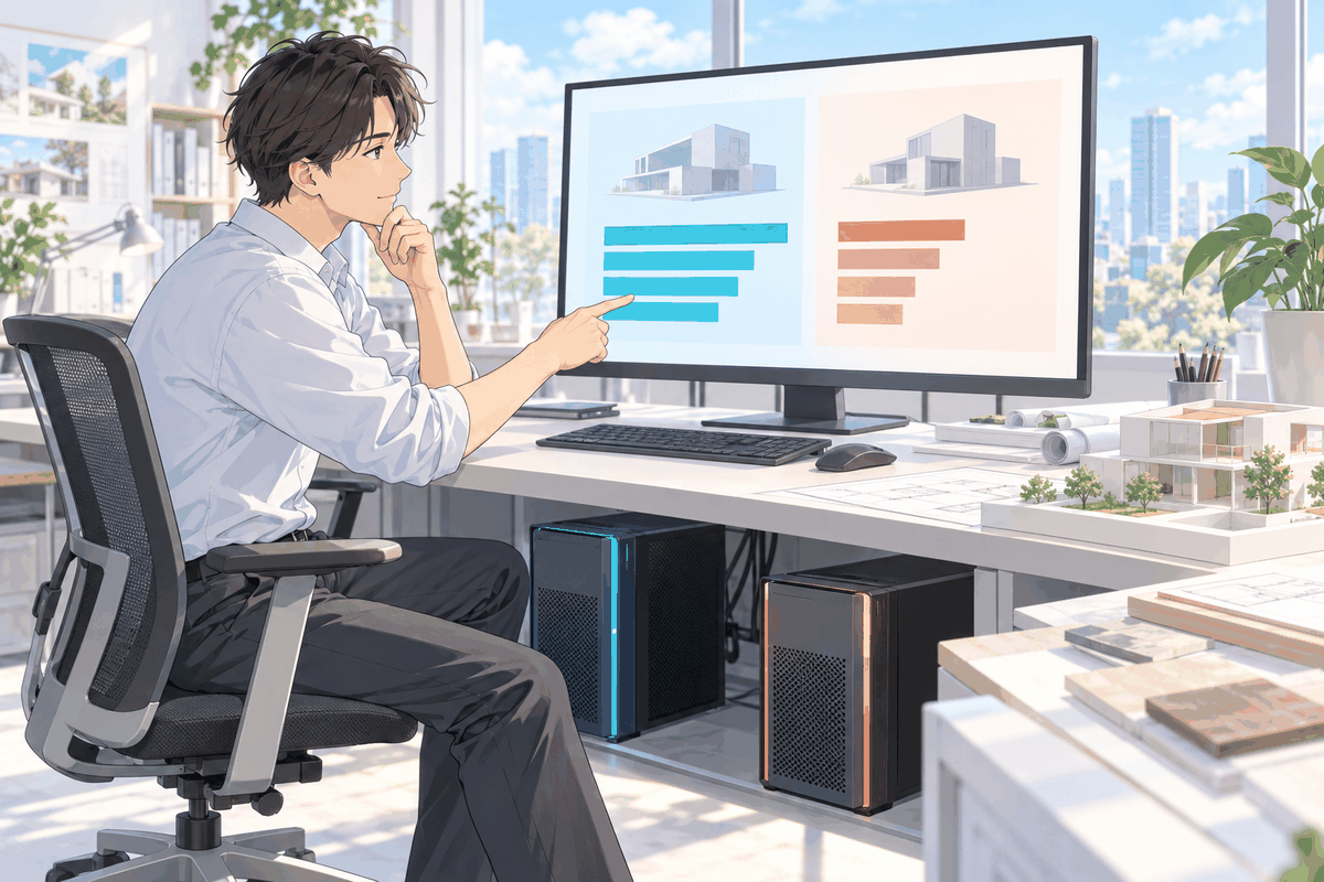 机の下の2台のパソコンと、画面の2本の棒グラフを見比べている人の挿絵