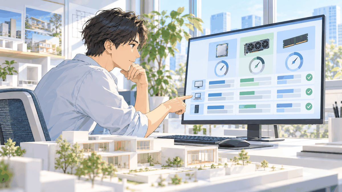 画面の部品ごとの点数の欄を指さして読んでいる人の挿絵