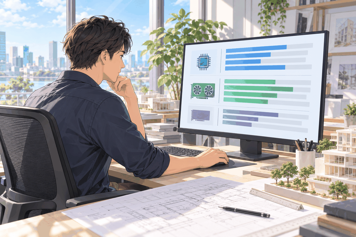 画面で、CPUやGPUの点数の棒グラフを見比べている人の挿絵