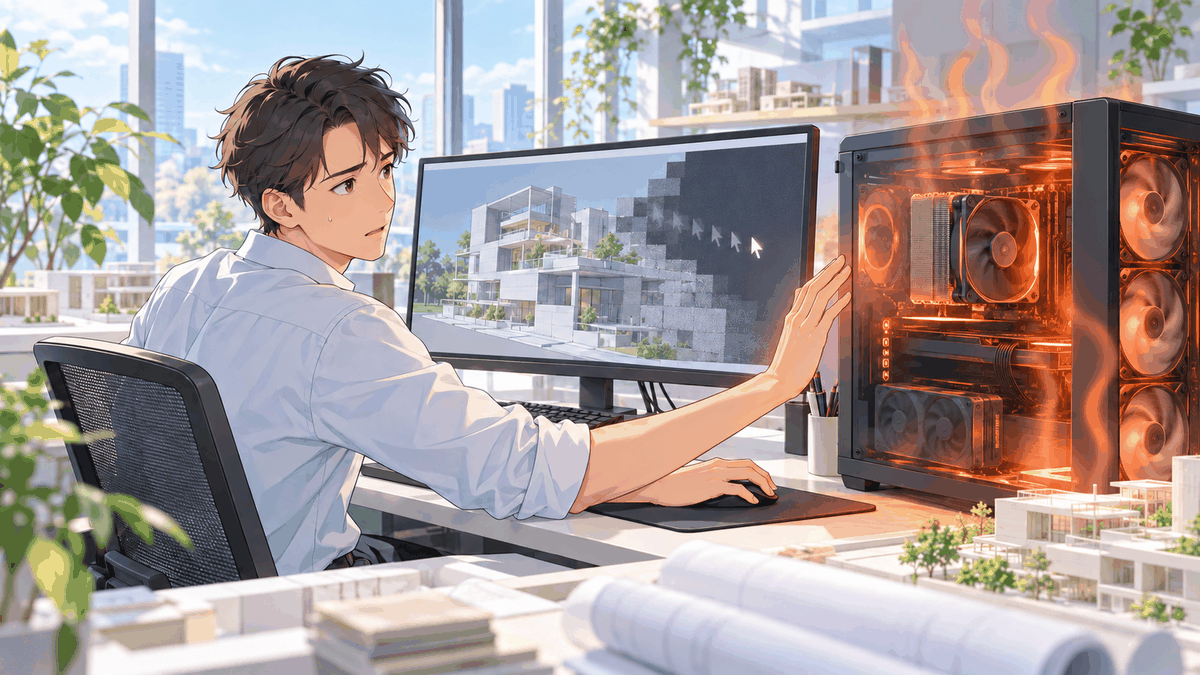 熱で赤く光るパソコンの横で、遅くなったレンダリングの画面を見ている人の挿絵