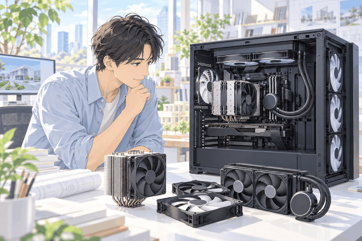 机の上の放熱板やファン、水冷の部品とパソコンを見比べている人の挿絵