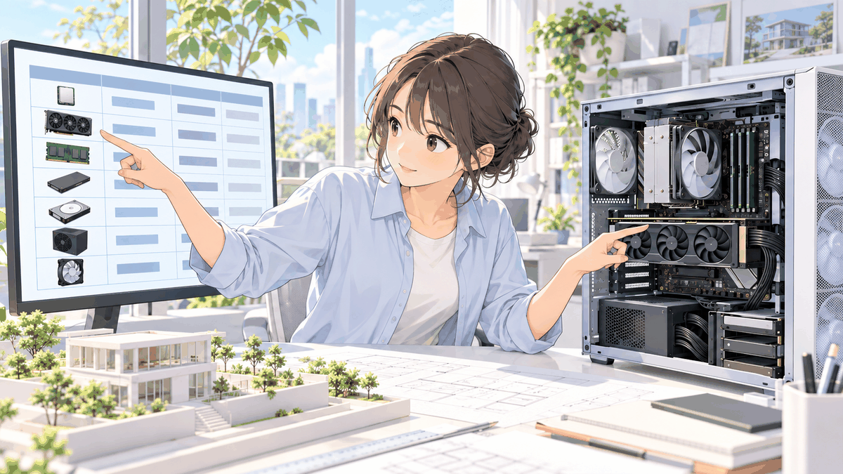 ソフトの動作環境の表と、パソコンの中の部品を指さして見比べている人の挿絵