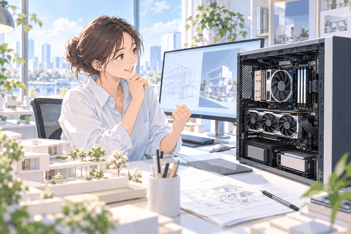 パソコンの中の部品を見ながら、笑顔で手を握っている人の挿絵