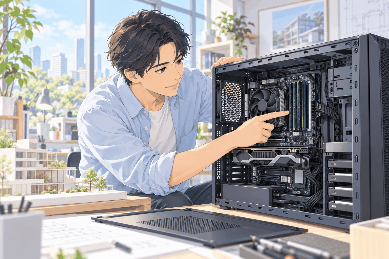 ふたを開けたデスクトップの中の、メモリの差し込み口を指さしている人の挿絵