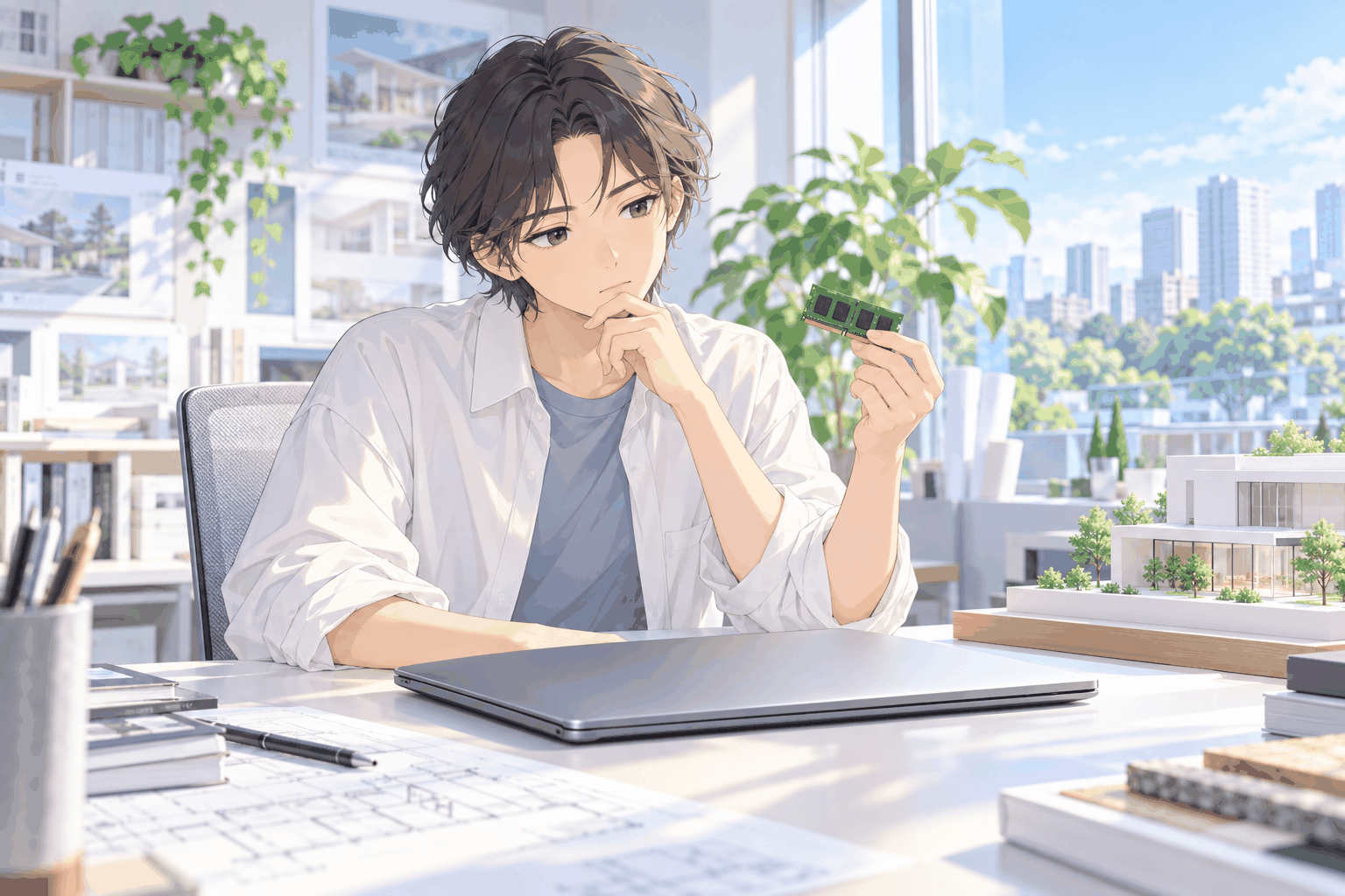 閉じたノートパソコンを前に、メモリを手にして考えている人の挿絵