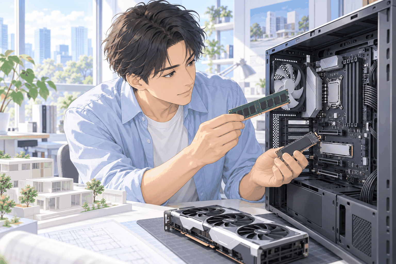 パソコンの中の差し込み口と、手に持ったメモリとSSDを見比べている人の挿絵