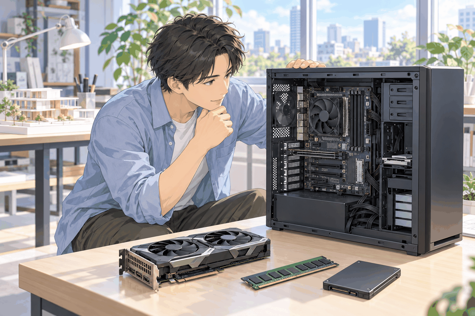 グラフィックボード・メモリ・SSDを机に並べ、ふたを開けたパソコンを見ている人の挿絵