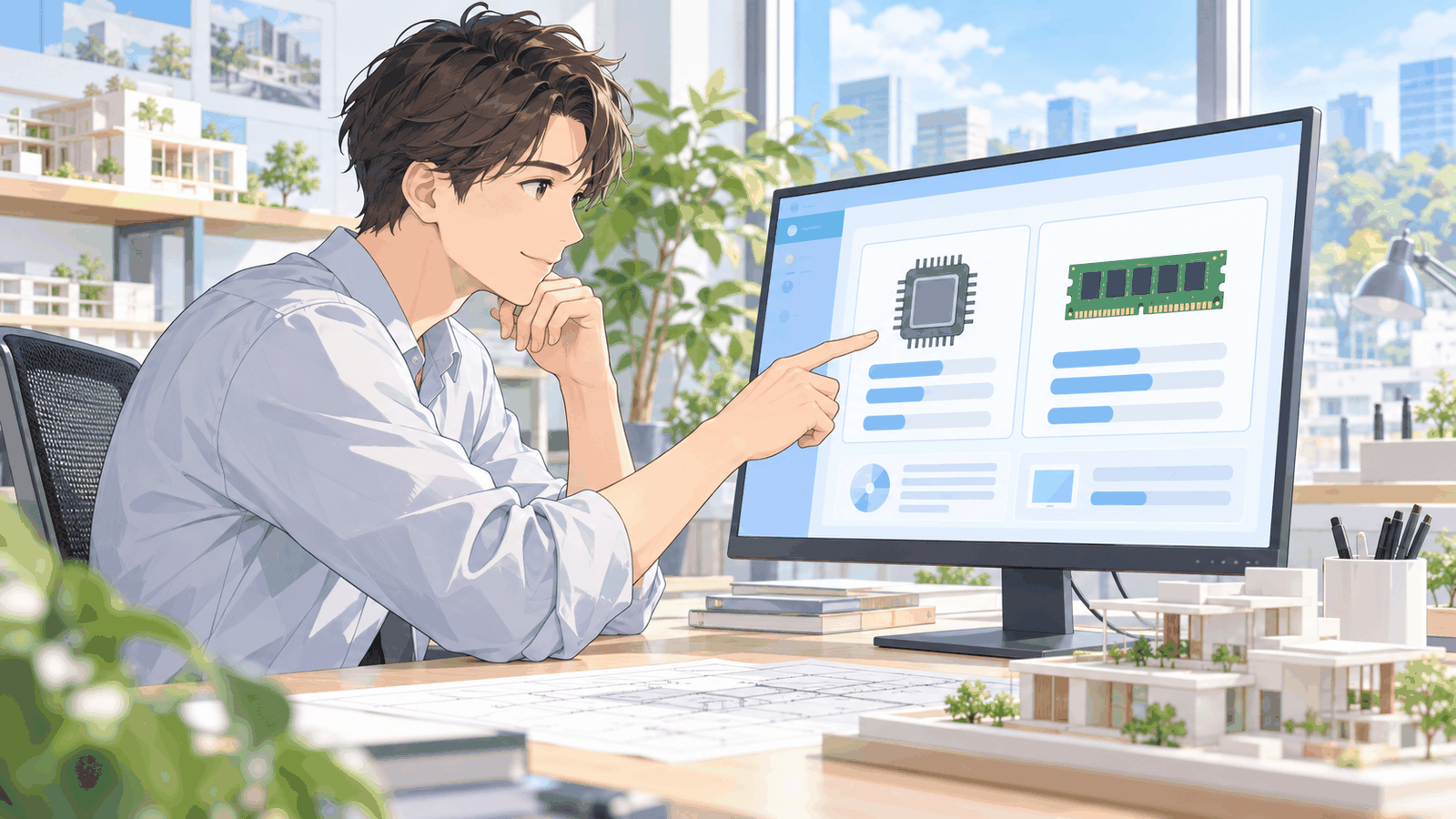 Windowsのパソコンの設定の画面で、CPUとメモリの欄を指さしている人の挿絵
