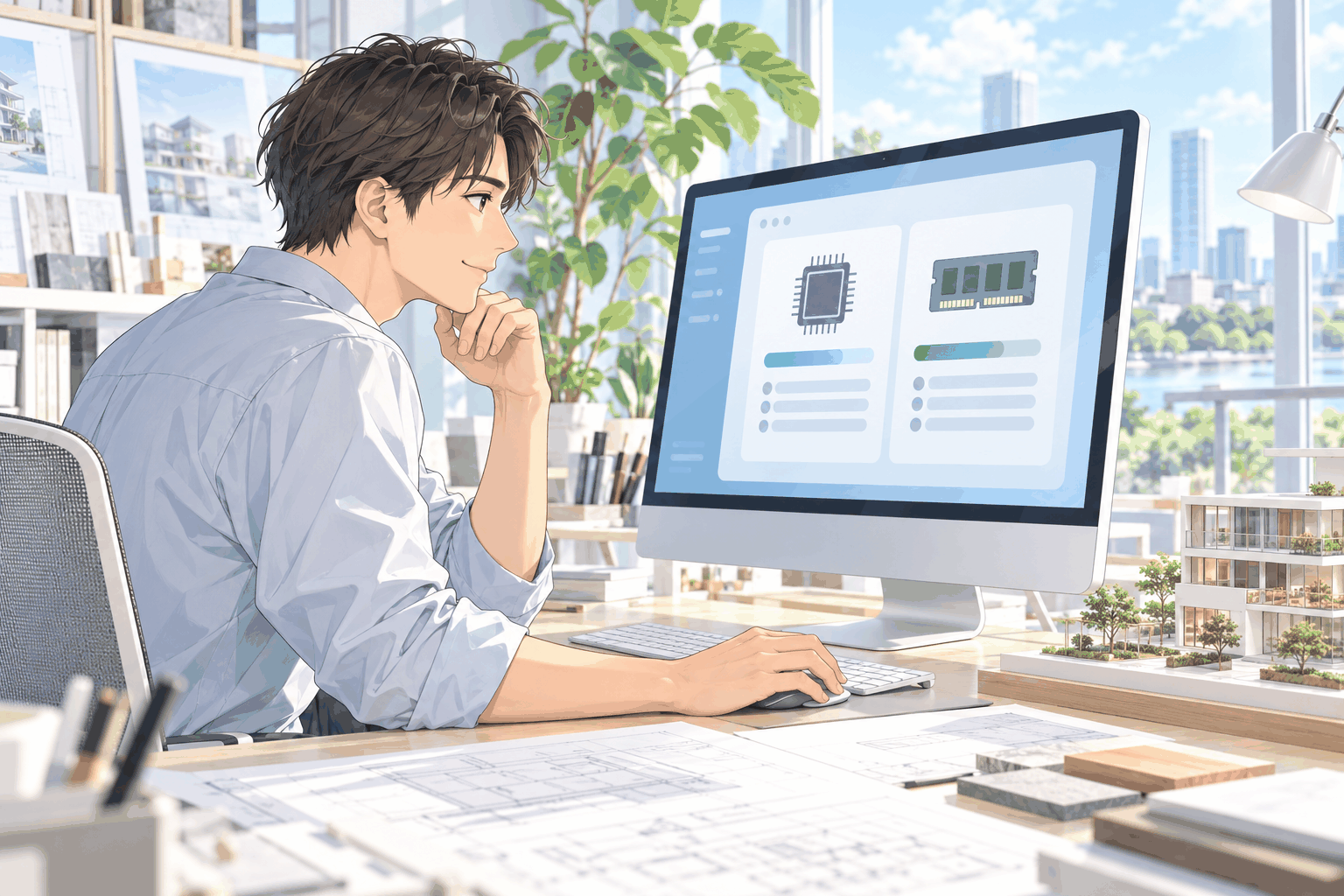 Macの画面で、チップとメモリの欄を見ている人の挿絵